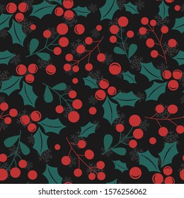 Vector seamless pattern with christmas holly berries; black background with snowflakes; Christmas design for greeting card, gift box, wallpaper, wrapping paper, fabric, web design.