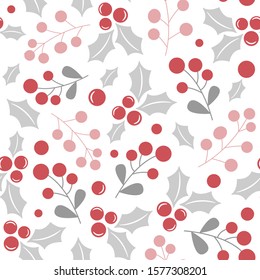 Vector seamless pattern and christmas holly berries; isolated white; Christmas design for greeting card  gift box  wallpaper  wrapping paper  fabric  web design 