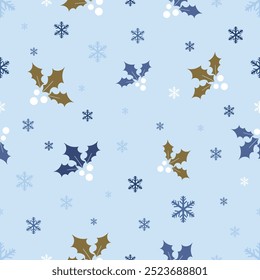 Vector seamless pattern of Christmas holly berries and Snow flakes Texture. Ornamental Christmas Decorations Seamless Pattern. can be used for prints, background backdrop with snow fall landscape.