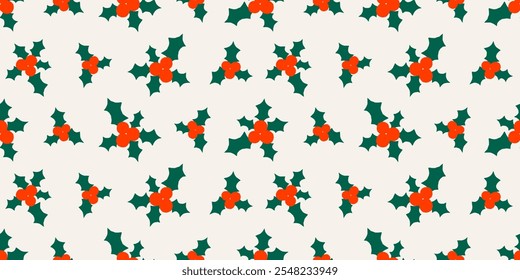 Vector seamless pattern with Christmas holly. Wrapping paper design for winter holidays