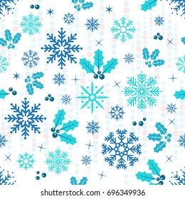 Vector seamless pattern with Christmas holly berry and snowflakes. Winter background. Pattern for fabric, textile, wrapping paper and other decoration. Vector illustration.