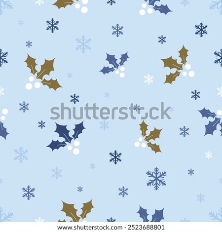 Vector seamless pattern of Christmas holly berries and Snow flakes Texture. Ornamental Christmas Decorations Seamless Pattern. can be used for prints, background backdrop with snow fall landscape.