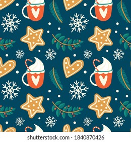 Vector seamless pattern with Christmas illustrations. Cup of milk and gingerbread. Vector illustration for wrapping paper, textile, decorations.