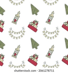 Vector seamless pattern with Christmas illustrations. Cozy details: candle, gifts, Christmas tree