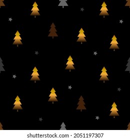Vector seamless pattern for Christmas. Merry Christmas. Silhouettes of golden Christmas trees and stars. For printing holiday packaging, textiles, printing.
