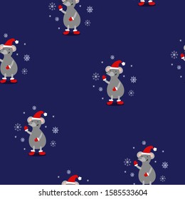 vector seamless pattern with a Christmas mouse in a hat, boots and mittens and snowflakes on a blue background. can be used as a design, wrapping paper, background, wallpaper, textiles print