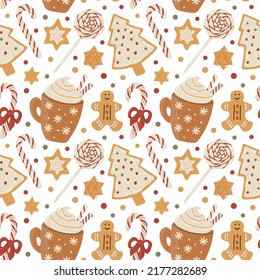 Vector seamless pattern with Christmas mug, Christmas pastries and Christmas candy. Christmas. Color image. The print is used for Wallpaper design, fabric, textile, packaging.