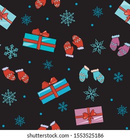 A vector seamless pattern for christmas and new year. Red and blue mittens, snow and boxes with gifts and bow randomly on a black background for printing on fabric and paper.