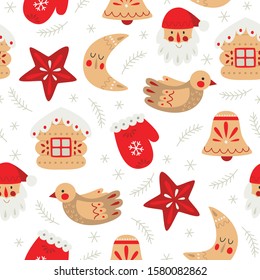 Vector seamless pattern with Christmas and New Year decorations in rustic style. Christmas baubles - bird, Santa Claus, bell, star, mitten, house and moon