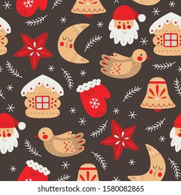 Vector seamless pattern with Christmas and New Year decorations in rustic style. Christmas baubles - bird, Santa Claus, bell, star, mitten, house and moon