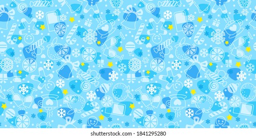 Vector seamless pattern for Christmas and New Year template with simple linear symbols on blue background