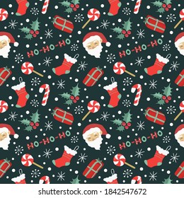 vector seamless pattern for Christmas and New Year theme with hand drawn Santa Claus, gift-boxes, lollipops, holly leaves, snowflakes, socks on dark green background