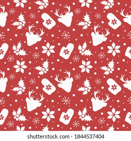 vector seamless pattern for christmas and new year theme with hand drawn deer, holly leaves, mittens and snowflakes on red background