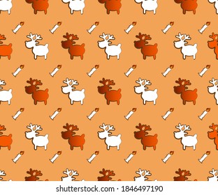 Vector. Seamless pattern. Christmas and New Year seamless pattern. Christmas cartoon deer and candles. Artistic brush.