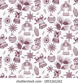 Vector seamless pattern Christmas, New Year with hand drawn elements. Romantic illustration in vintage style, greeting card. Winter template.