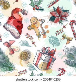 Vector seamless pattern with Christmas and New Year decor. Sketch hand drawn watercolor illustration. Winter holiday background. Trendy print fabric design or gift wrapping paper