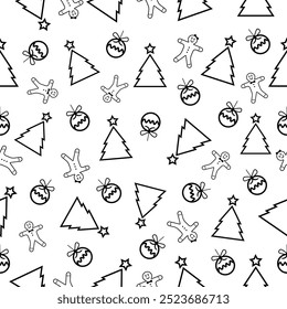 Patrón sin fisuras de Vector para Navidades o árbol de Navidad de año Nuevo Bolas de Navidad y galletas vector iconos textura sobre fondo blanco. Se puede utilizar como Fondo de pantalla, Anuncio de papel de embalaje o Plantilla de tarjetas