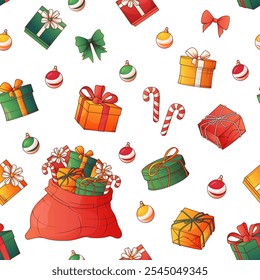 Vector seamless pattern for Christmas and New Year design. Illustration of gift boxes, bag of presents. Bright template for wrapping paper, fabric, package