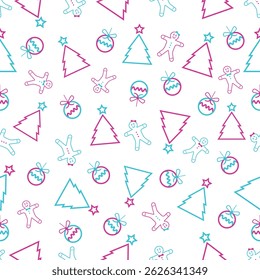 Vetor padrão sem emenda para Natal e Ano Novo bolas de Natal árvore de Natal e cookies de vetor de ícones textura no fundo branco. Pode ser usado como papel de parede, banner de papel de embrulho ou modelo de cartão