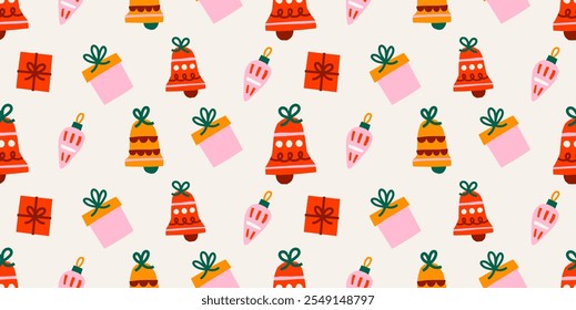 Vector seamless pattern with Christmas ornaments, gifts, bells. Wrapping paper design for winter holidays