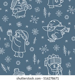 Vector seamless pattern with Christmas penguins on dark background
