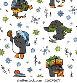 Vector seamless pattern with Christmas penguins on white background