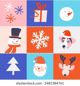 Vector patrón sin fisuras con Navidades muñecos de nieve, elfos, ciervos y perros