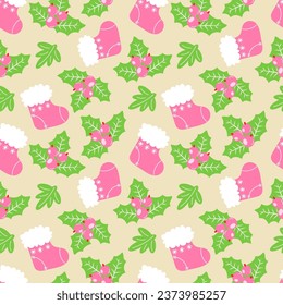 Vector seamless pattern with Christmas socks, holly and berries