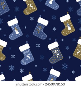 Vector seamless pattern of Christmas Socks and Snow flakes Texture. Ornamental Christmas Decorations Seamless Pattern. can be used for prints, background backdrop with snow fall landscape.