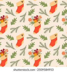 Vector seamless pattern with Christmas socks with a gifts anf fir branches. Winter holiday wallpaper with decoration elements. Repeat texture for textile or wrapping paper.
