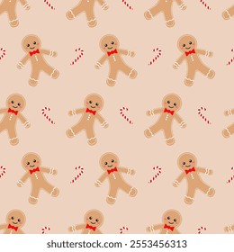 Vector seamless pattern with Christmas spice men and candy canes