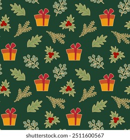 Vector seamless pattern with Christmas stickers. Repeat texture with holiday decorations elements. Gifts and sweets wallpaper.