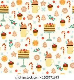 vector seamless pattern with christmas sweets, cake, cookies, cupcake, cocoa, coffee