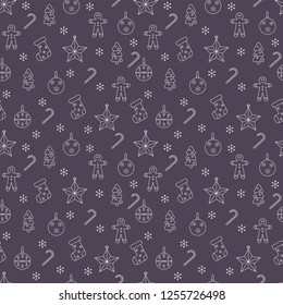 vector seamless pattern of christmas symbols, star and xmas tree decorations, candy and gingerbread man, snowflakes and socks