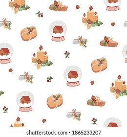 Patrón vectorial sin fisuras con símbolos de navidad en estilo de dibujos animados sobre un fondo blanco. Se puede usar para papel de pared, envoltura de regalo, impresión en tela.