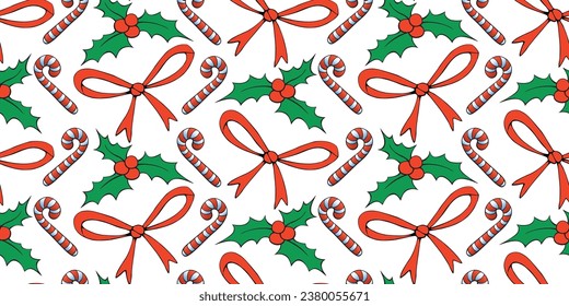Vector seamless pattern of Christmas symbols in doodle flat style. Bright background and texture on theme New Year, xmas