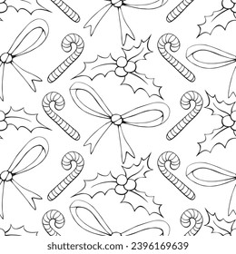 Vector seamless pattern of Christmas symbols in doodle style. Outline background and texture on theme New Year, xmas