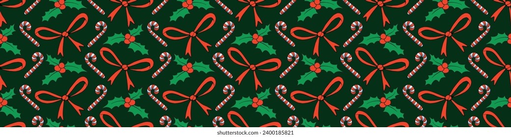 Vector seamless pattern of Christmas symbols in doodle flat style. Bright background and texture on theme New Year, xmas