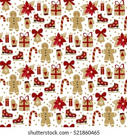 Vector seamless pattern with christmas symbols in cartoon style. Gingerbread man, candy, presents. Holiday background in vintage colors