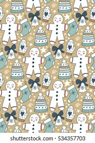 Vector seamless pattern with christmas symbols in cartoon style. Gingerbread man, candy, presents. Holiday background in vintage colors