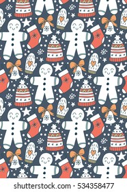 Vector seamless pattern with christmas symbols in cartoon style. Gingerbread man, candy, presents. Holiday background in vintage colors