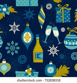 Vector seamless pattern with Christmas symbols. Trendy vintage style. 