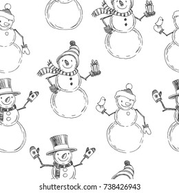 Vector seamless pattern with Christmas symbols. Hand drawn illustration with snowmen isolated on white background. New Year texture