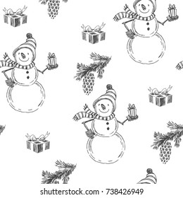 Vector seamless pattern with Christmas symbols. Hand drawn illustration with snowman with gifts isolated on white background. New Year texture