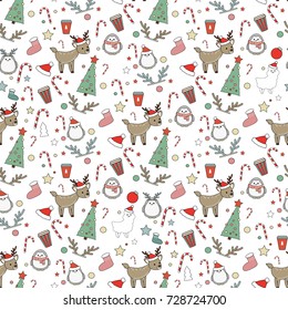 Vector seamless pattern with christmas things and funny animals: deer, alpaca and penguin. Perfect for wrapping paper patterns, christmas party ideas etc.
