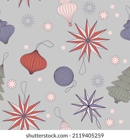 Vector seamless pattern with Christmas toys. Paper toys for the Christmas tree.
