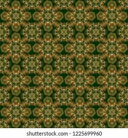 Vector seamless pattern in Christmas traditional colors. Abstract green background with golden geometric ornament. Can be used for digital paper, textile print, page fill.