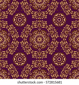 Vector seamless pattern in Christmas traditional colors. Abstract purple background with golden geometric ornament. Can be used for digital paper, textile print, page fill.