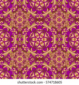 Vector seamless pattern in Christmas traditional colors. Abstract purple background with golden geometric ornament. Can be used for digital paper, textile print, page fill.