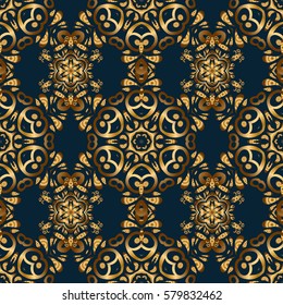 Vector seamless pattern in Christmas traditional colors. Abstract blue background with golden geometric ornament. Can be used for digital paper, textile print, page fill.
